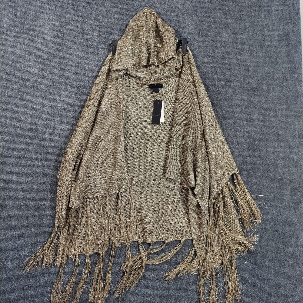 Steve‎ Madden Sweater Womens One Size Gold Metallic Hooded Fringe Poncho Wrap